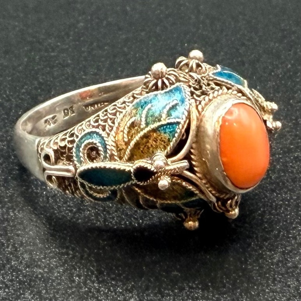 China BJ 925 Sterling Silver Filigree Ring Enamel Butterfly Orange Stone Size 8